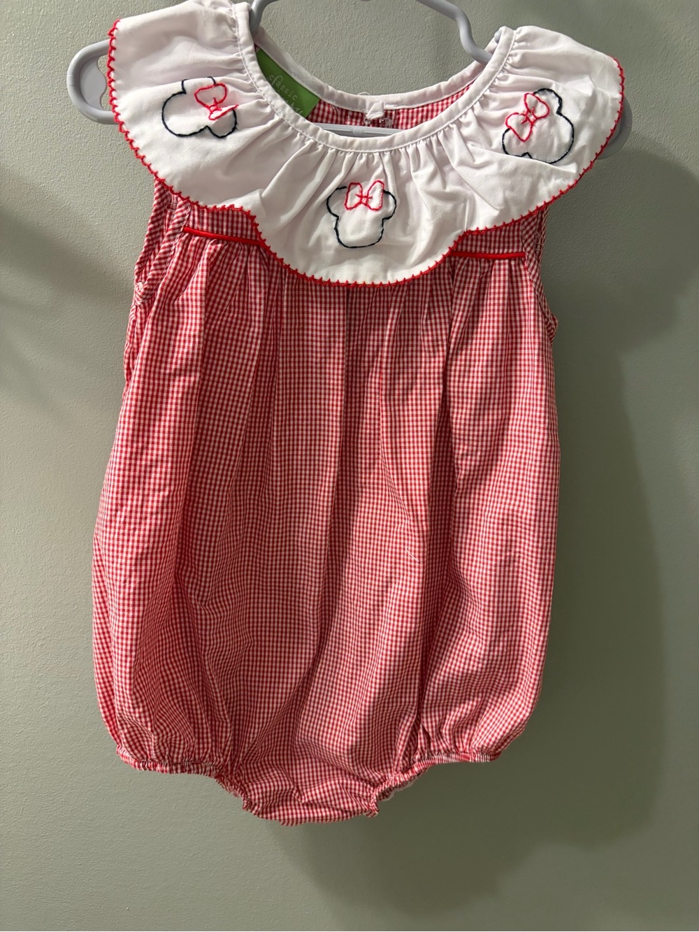 Red Gingham Bubble Romper with Embroidered Minnie Mouse White Ruffle Collar
